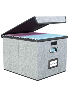 Portable File Organiser Box with Lid, Collapsible Linen Hanging Filing Storage Boxes with Plastic Slide, Decorative Home/Office Filing System for File and Folders Storage (Grey)