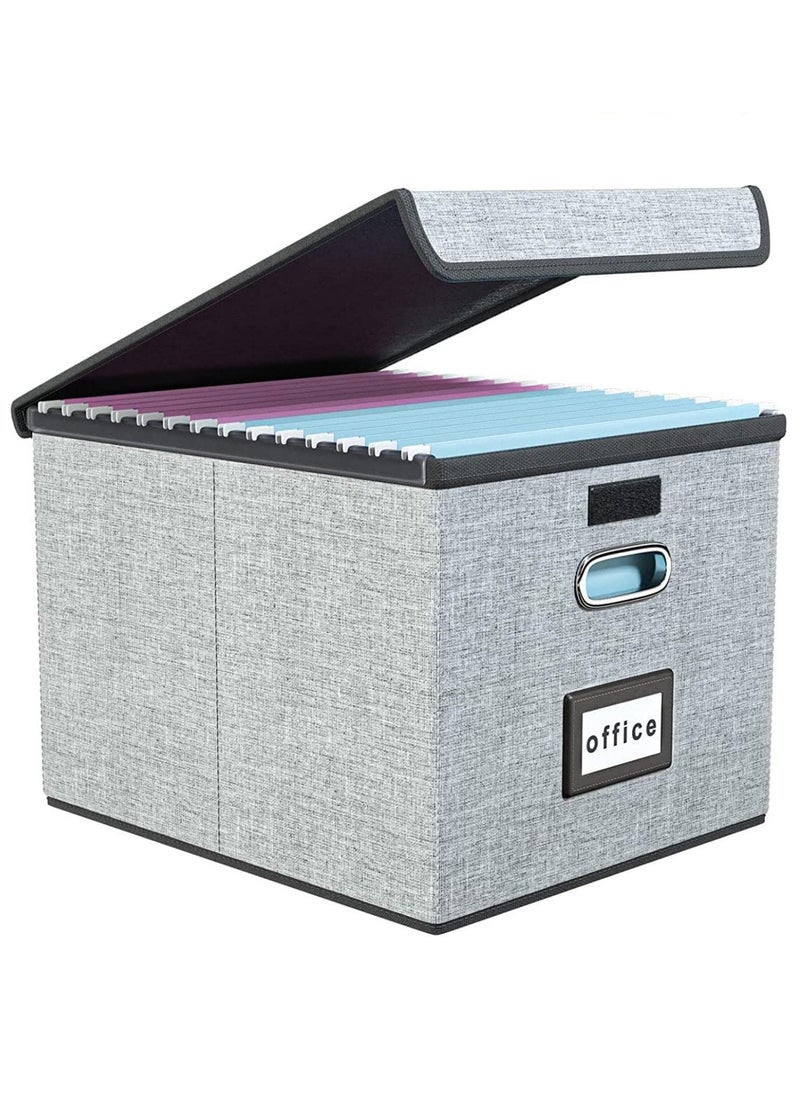 Excefore - Portable File Organiser Box with Lid, Collapsible Linen Hanging Filing Storage Boxes with Plastic Slide, Decorative Home/Office Filing System for File and Folders Storage (Grey) - Image 1