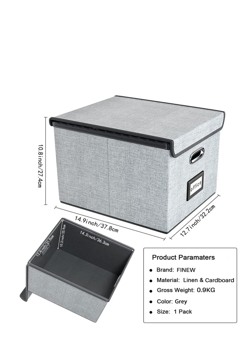 Excefore - Portable File Organiser Box with Lid, Collapsible Linen Hanging Filing Storage Boxes with Plastic Slide, Decorative Home/Office Filing System for File and Folders Storage (Grey) - Image 1