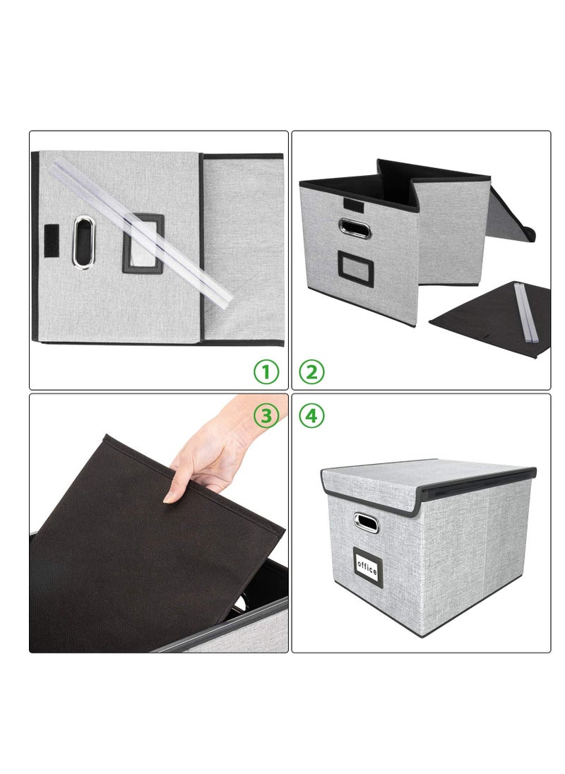 Excefore - Portable File Organiser Box with Lid, Collapsible Linen Hanging Filing Storage Boxes with Plastic Slide, Decorative Home/Office Filing System for File and Folders Storage (Grey) - Image 1
