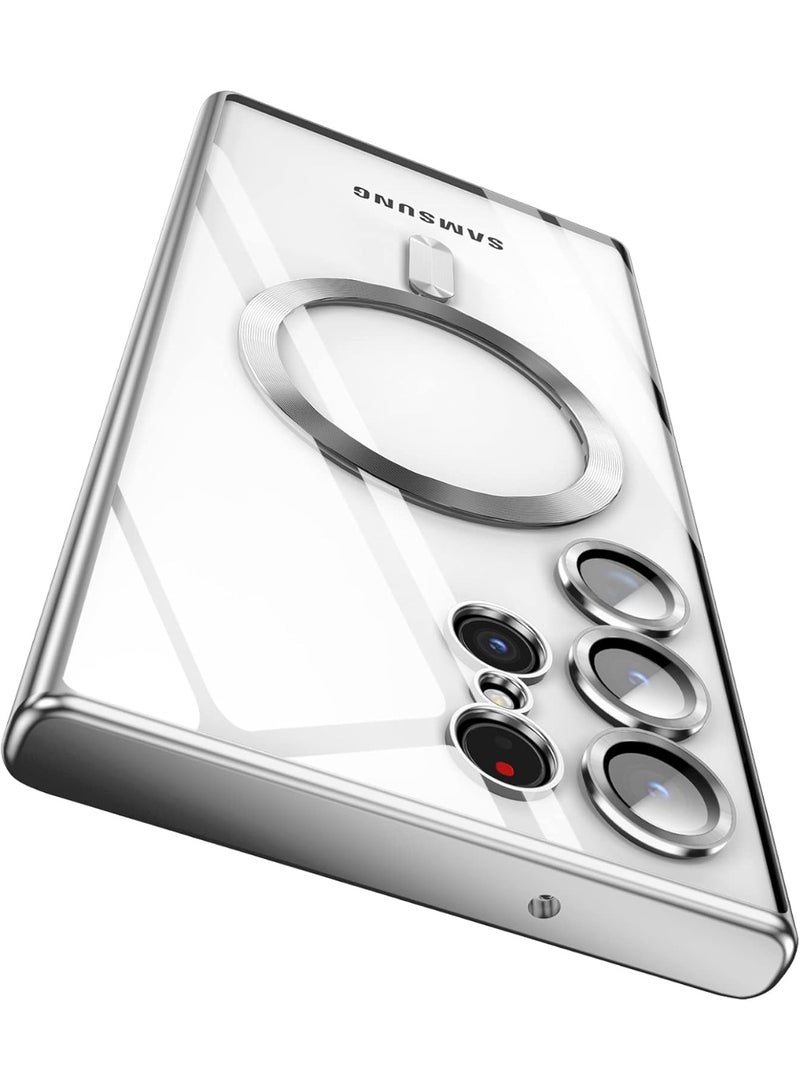 Electroplated Case For Samsung Galaxy S24 Ultra Camera Lens Full Protection Compatible with MagSafe Wireless Charging, Shockproof Soft TPU Phone Magnetic Cover (Silver) - Image 1