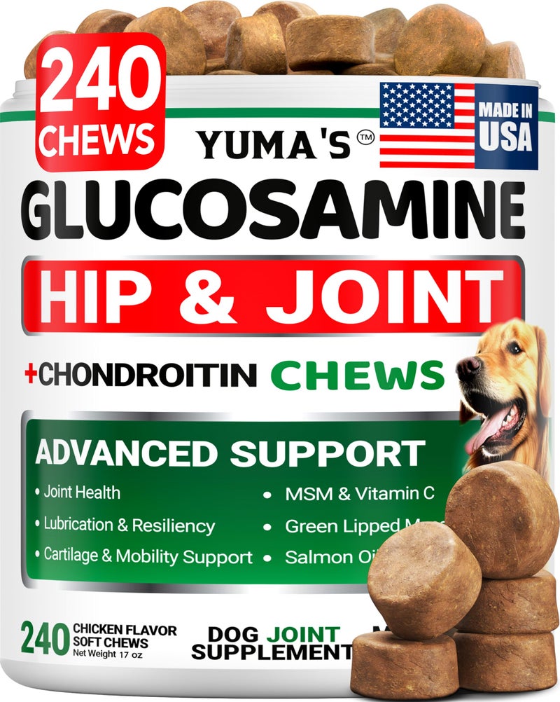YUMA'S Glucosamine for Dogs - 240 Chews - Hip and Joint Supplement for Dogs - Advanced Glucosamine Chondroitin Treats with MSM - Joint Pain Relief - Large & Small Breed - Mobility Support - Made in USA - Image 1