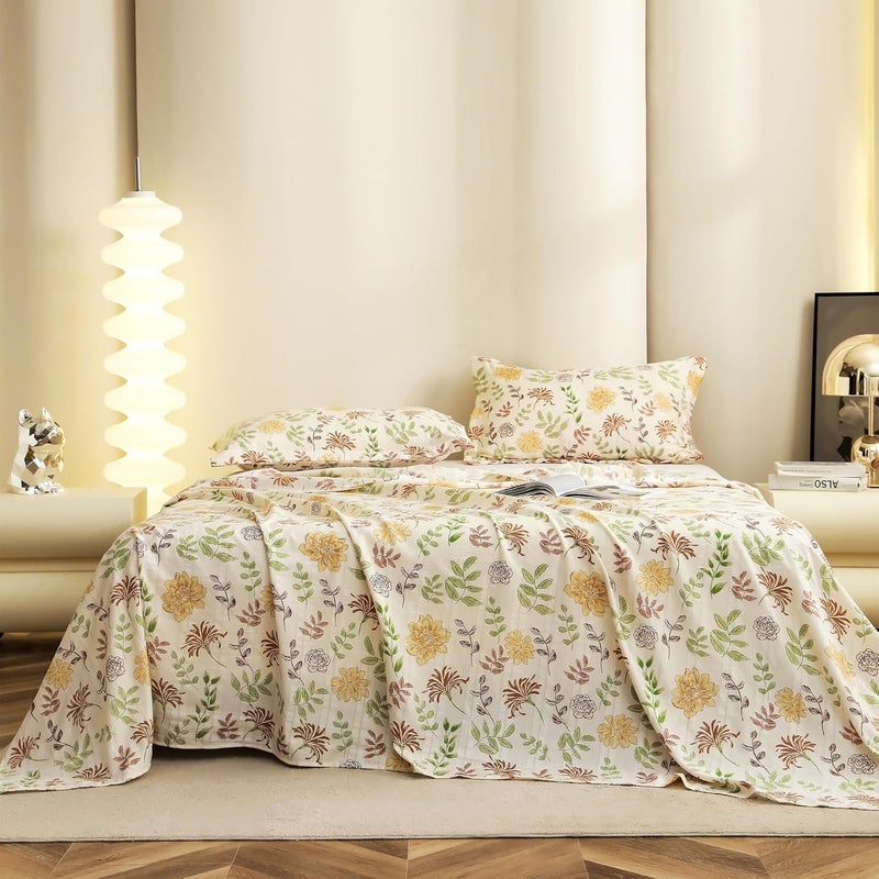 Story@Home ملاءة سرير كينغ | ملاءة قطن سحاب كينغ مع غطاءين وسادة | 300 TC | ملاءة سرير فائقة النعومة لسرير كينغ | تصميم زهور (270 × 250 سم، أبيض فاتح وأصفر) - Image 3