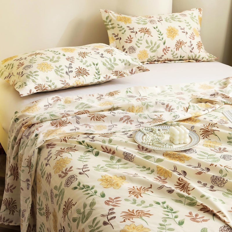 Story@Home ملاءة سرير كينغ | ملاءة قطن سحاب كينغ مع غطاءين وسادة | 300 TC | ملاءة سرير فائقة النعومة لسرير كينغ | تصميم زهور (270 × 250 سم، أبيض فاتح وأصفر) - Image 5