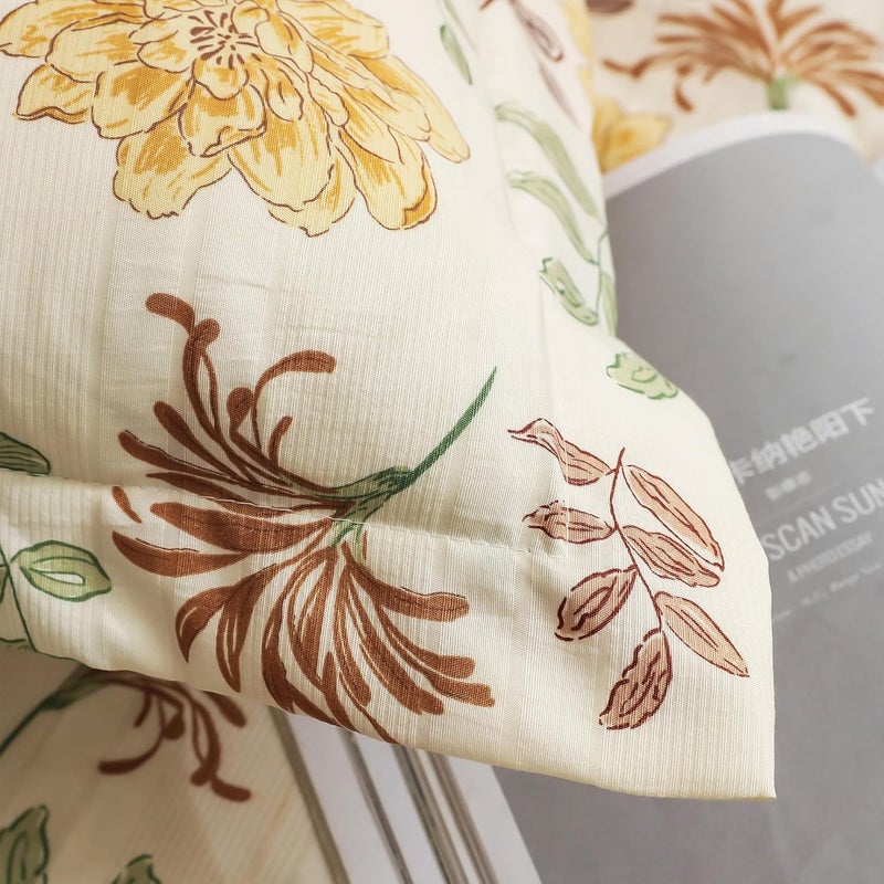 Story@Home ملاءة سرير كينغ | ملاءة قطن سحاب كينغ مع غطاءين وسادة | 300 TC | ملاءة سرير فائقة النعومة لسرير كينغ | تصميم زهور (270 × 250 سم، أبيض فاتح وأصفر) - Image 4