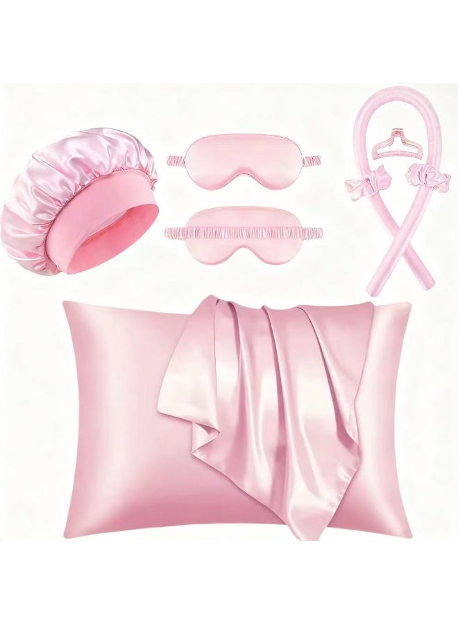 طقم أغطية وسائد فاخر مكون من 7 قطع للعناية بالشعر والبشرة، مصنوع من الحرير النباتي، يتضمن غطاء وسادة من الساتان، وقبعة نوم، وقناع للعين، ومجموعة مكواة تجعيد الشعر مكونة من 4 قطع - طقم نوم فاخر، لون وردي - Image 1