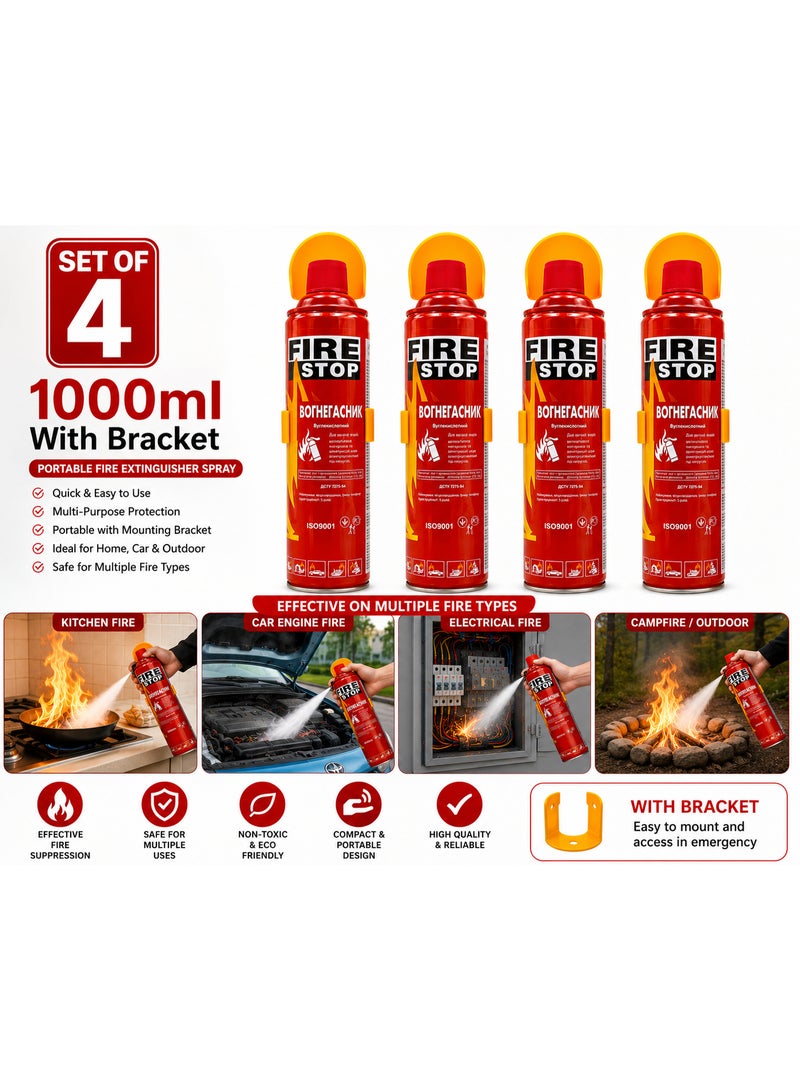 Portable Fire Extinguisher Spray 1000ml with Mounting Bracket – Set of 4 | Multi-Purpose Emergency Fire Suppressant for Car, Home, Kitchen & Office