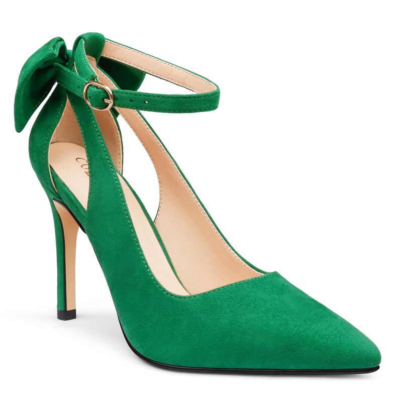 COLETER Womens Bow Knot High Heels Pointed Toe Stiletto Ankle Strap D'Orsay Pumps Bow Evening Dress Shoes Suede Green 8US - Image 4