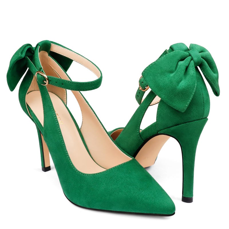 COLETER Womens Bow Knot High Heels Pointed Toe Stiletto Ankle Strap D'Orsay Pumps Bow Evening Dress Shoes Suede Green 8US - Image 1