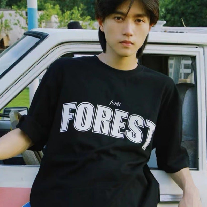 Short-Sleeved T-Shirt Men'S Trendy Brand Summer Loose Five-Point Sleeve Internet Trendy Ins Simple Printed Top - Image 1