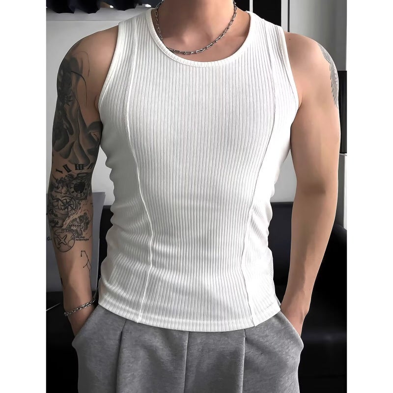 American Style Cotton Thread Vest Muscle Men Tough Guy Tight Elastic Sleeveless T-shirt Stitching Design Sense Small Waistcoat Fashion white] - Image 1