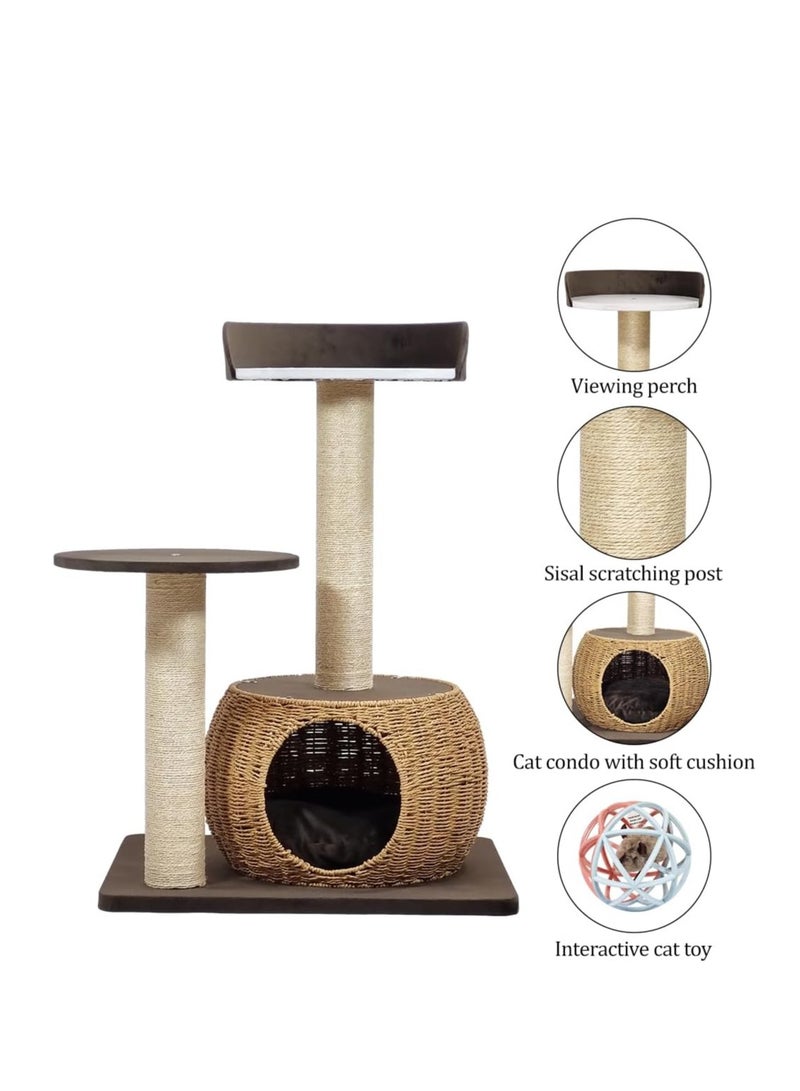 NNC PETS Multi-level cat tree activity center with Double perches, Sisal scratching post, and Durable rattan cat condo, Ideal for indoor cats, Easy to assemble 86 cm (Chocolate) - Image 3