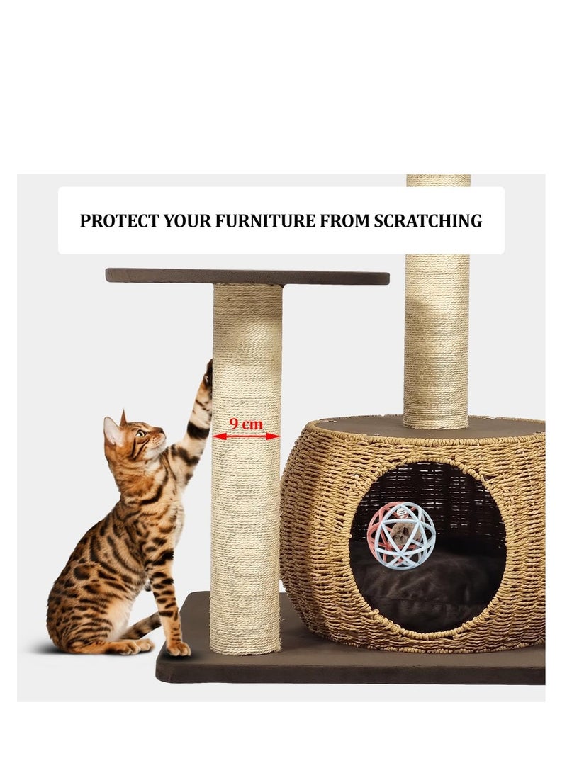 NNC PETS Multi-level cat tree activity center with Double perches, Sisal scratching post, and Durable rattan cat condo, Ideal for indoor cats, Easy to assemble 86 cm (Chocolate) - Image 4