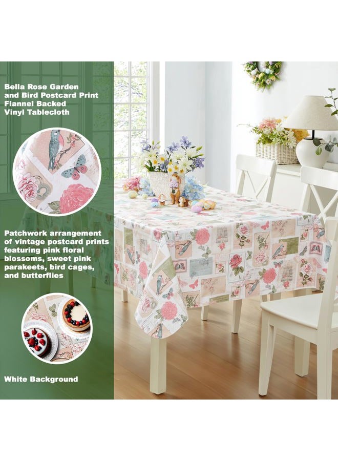 Newbridge Vinyl Square Tablecloth, 52 x 52 Inch, Bella Easter Rose and Bird Postcard Print Flannel Backed Table Cloth, Spring Vintage Pink Floral - Image 2
