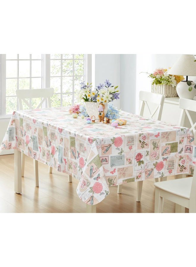 Newbridge Vinyl Square Tablecloth, 52 x 52 Inch, Bella Easter Rose and Bird Postcard Print Flannel Backed Table Cloth, Spring Vintage Pink Floral - Image 1