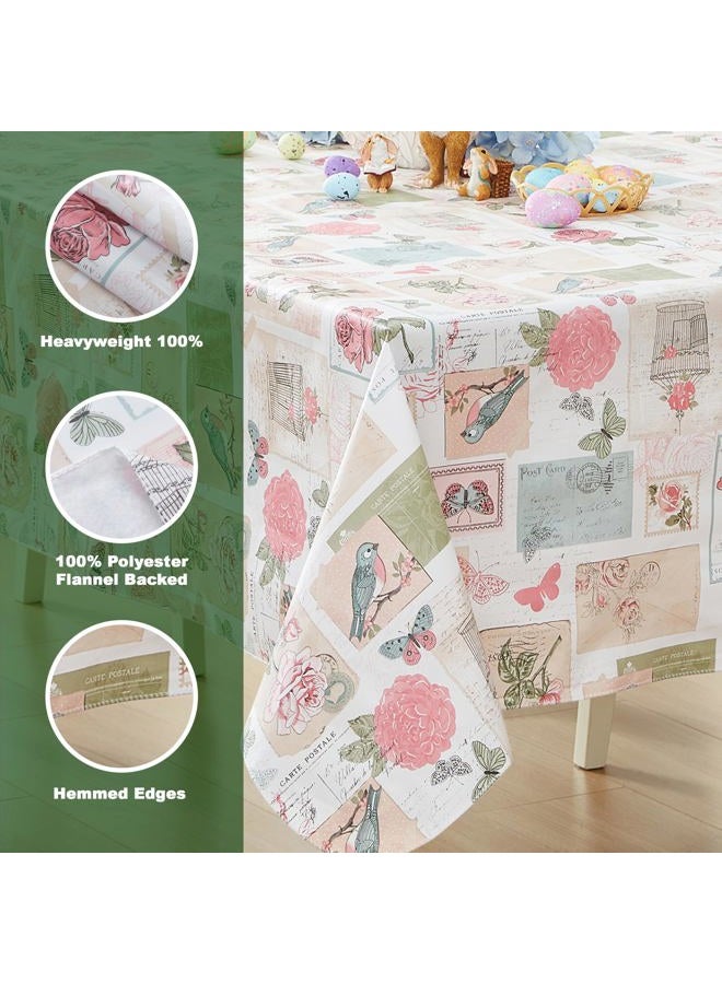 Newbridge Vinyl Square Tablecloth, 52 x 52 Inch, Bella Easter Rose and Bird Postcard Print Flannel Backed Table Cloth, Spring Vintage Pink Floral - Image 4