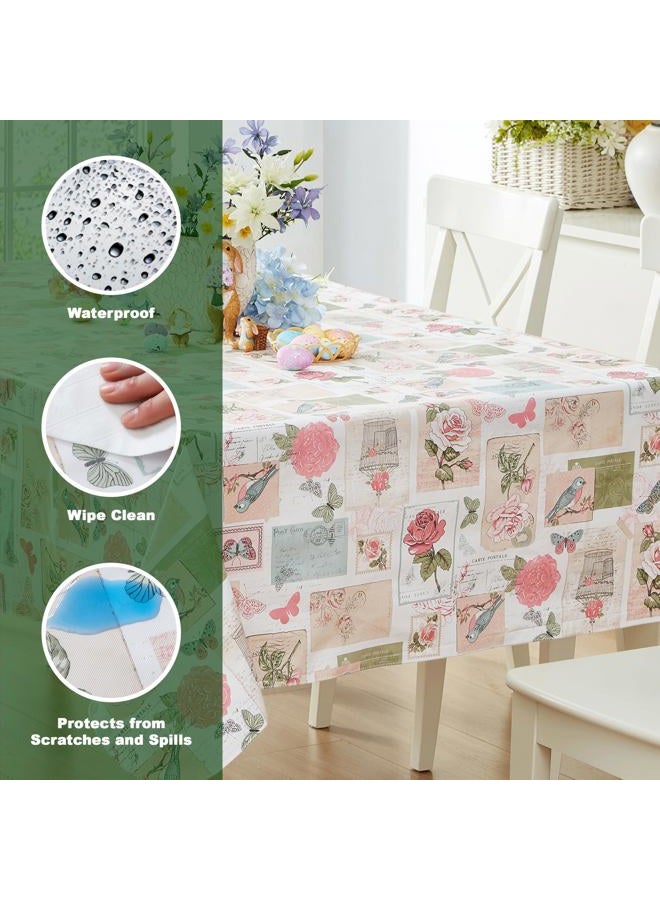 Newbridge Vinyl Square Tablecloth, 52 x 52 Inch, Bella Easter Rose and Bird Postcard Print Flannel Backed Table Cloth, Spring Vintage Pink Floral - Image 3
