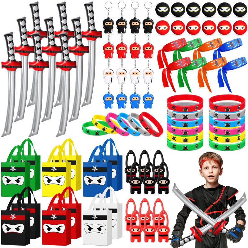 Seenelling 12 Guests 84 Pcs Ninja Party Favors Include Ninja Non Woven Bags Inflatable Toys Bouncy Balls Throwing Flying Slingshot Headbands Silicone Bracelets Keychains for Party Supplies - Image 2