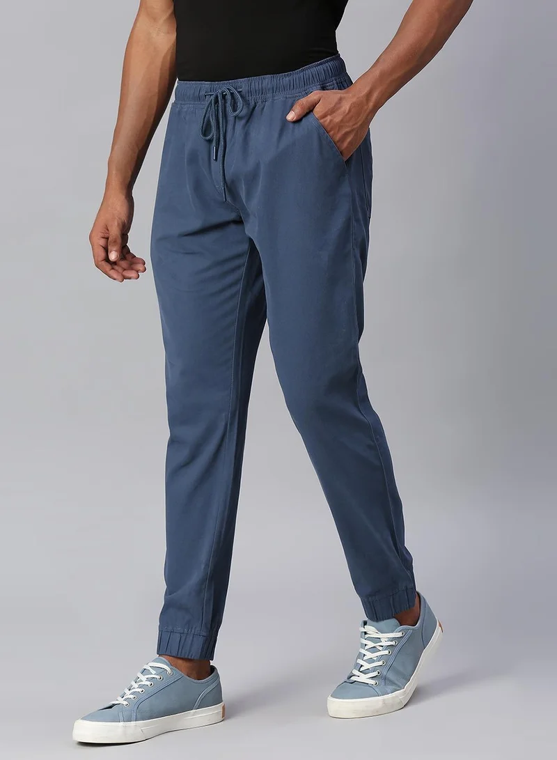 Dennis Lingo Men's Petrol Blue Jogger Trousers - Regular Fit, Solid Pattern, Mid-Rise, Button & Zip Closure