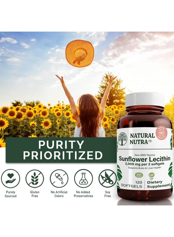 Natural Nutra مكمل ليسيثين عباد الشمس 2000 ملغ - خالي من الصويا، غير معدّل وراثيًا، خالي من الغلوتين 120 كبسولة لينة | دعم وظيفة الكبد، معزز صحة الدماغ، يساعد على تحسين الذاكرة والتركيز والانتباه - Image 3
