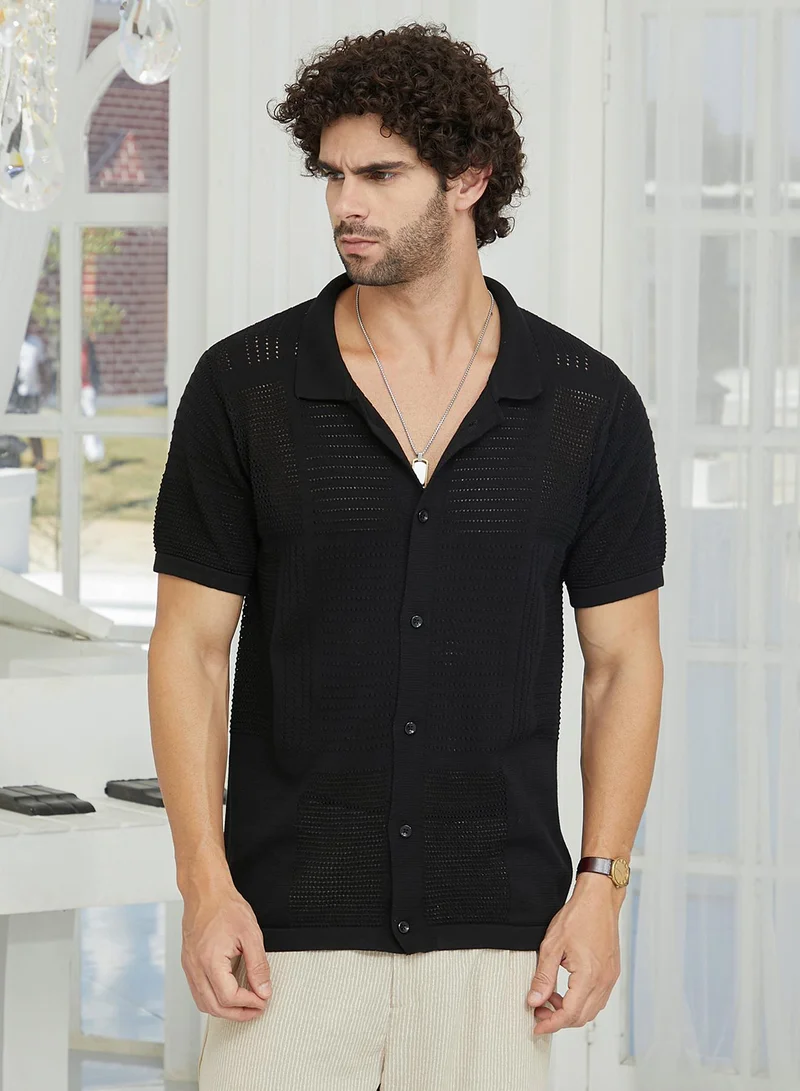 Campus Sutra Men's Onyx Black Maxi-Grid Knit Polo Shirt