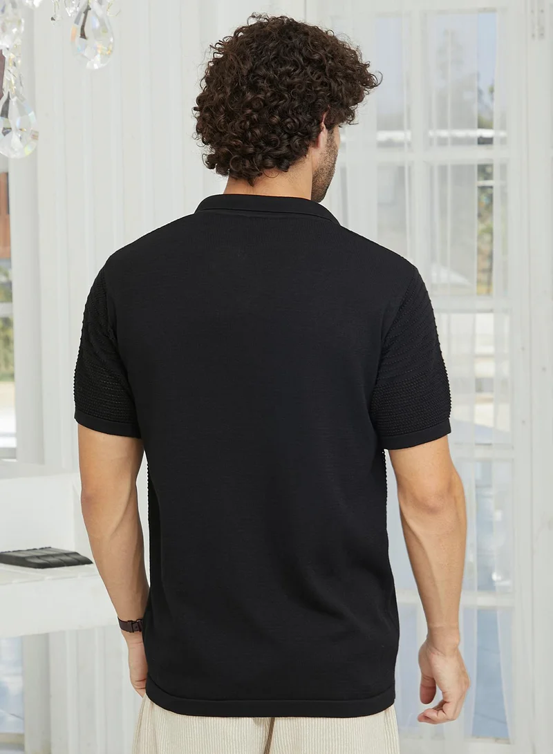 CAHOOT  Men's Onyx Black Maxi-Grid Knit Polo Shirt for Men | Best Price UAE