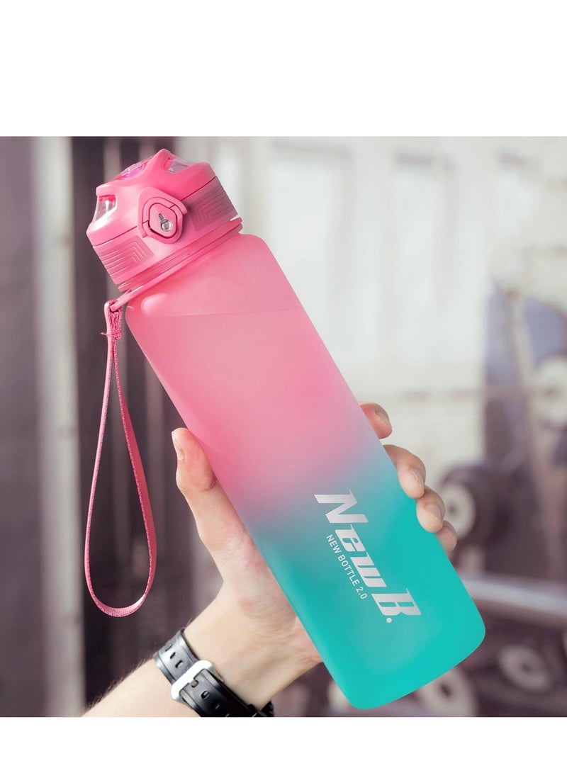 TYCOM Water Bottle 1L Tritan Leak-Proof Drink Bottle, Gym Bottle with Protein Shaker, Flip Top Lid & Removable Strainer Sport Bottle for Fitness Cycling, Gym Camping Sports （Pink Blue）