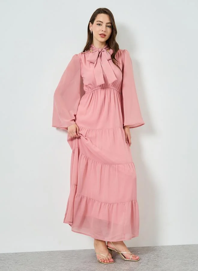 Styli Women Pink Tiered Maxi Dress with Tie-Up Neck