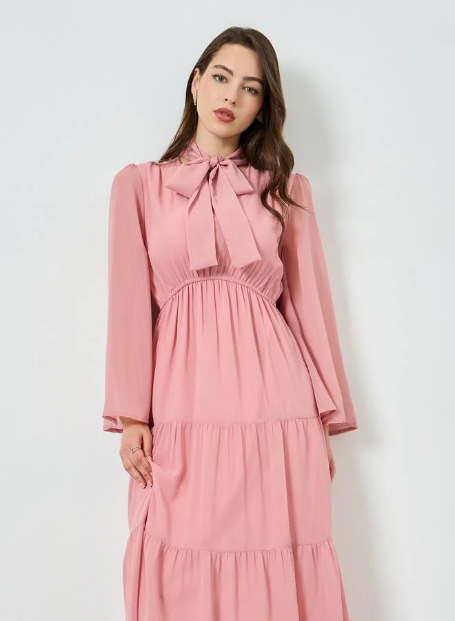 Styli Women Pink Tiered Maxi Dress with Tie-Up Neck