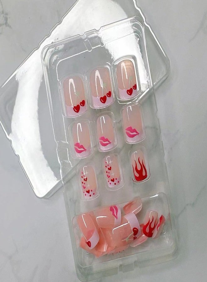 YKZFUI Short Glossy Press on Nails Cute Flame Love French Pink Lips Design Valentine's Day False Nails with Glue on Nails Medium Square Artificial Nails Reusable Stick on Nail for Women Heart Manicure 24Pcs - Image 4