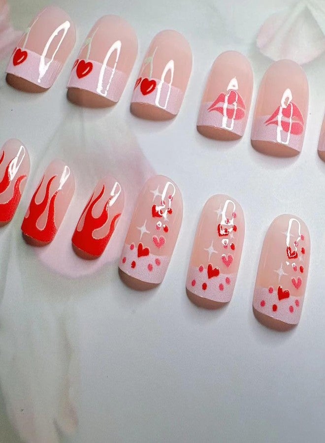 YKZFUI Short Glossy Press on Nails Cute Flame Love French Pink Lips Design Valentine's Day False Nails with Glue on Nails Medium Square Artificial Nails Reusable Stick on Nail for Women Heart Manicure 24Pcs - Image 3
