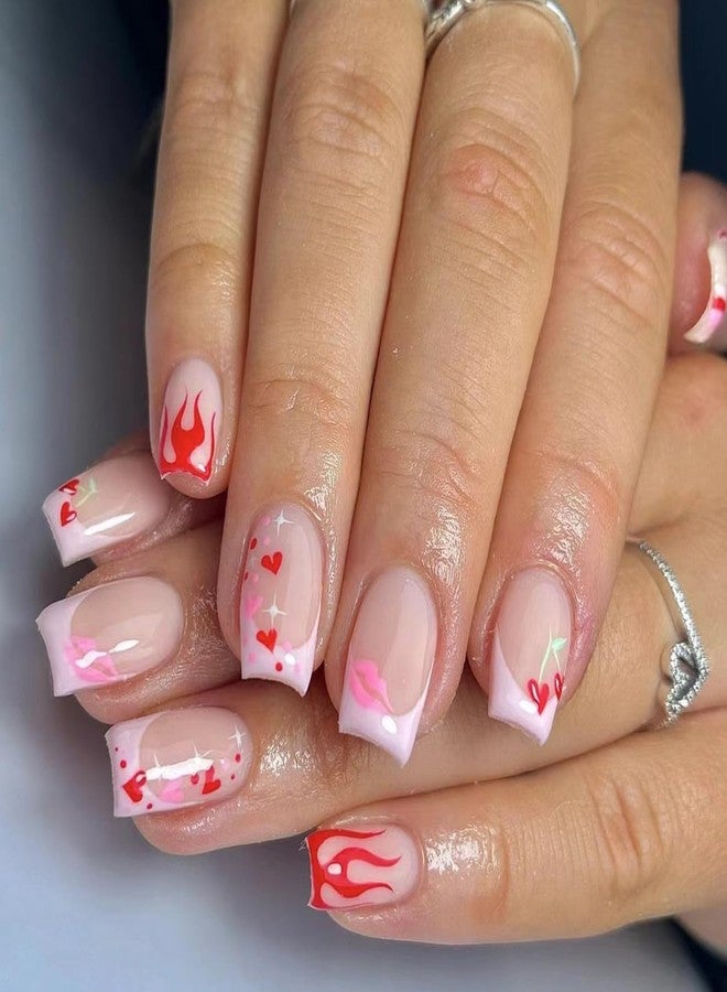 YKZFUI Short Glossy Press on Nails Cute Flame Love French Pink Lips Design Valentine's Day False Nails with Glue on Nails Medium Square Artificial Nails Reusable Stick on Nail for Women Heart Manicure 24Pcs - Image 1