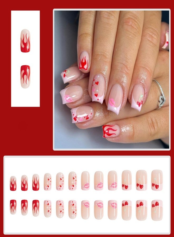 YKZFUI Short Glossy Press on Nails Cute Flame Love French Pink Lips Design Valentine's Day False Nails with Glue on Nails Medium Square Artificial Nails Reusable Stick on Nail for Women Heart Manicure 24Pcs - Image 5