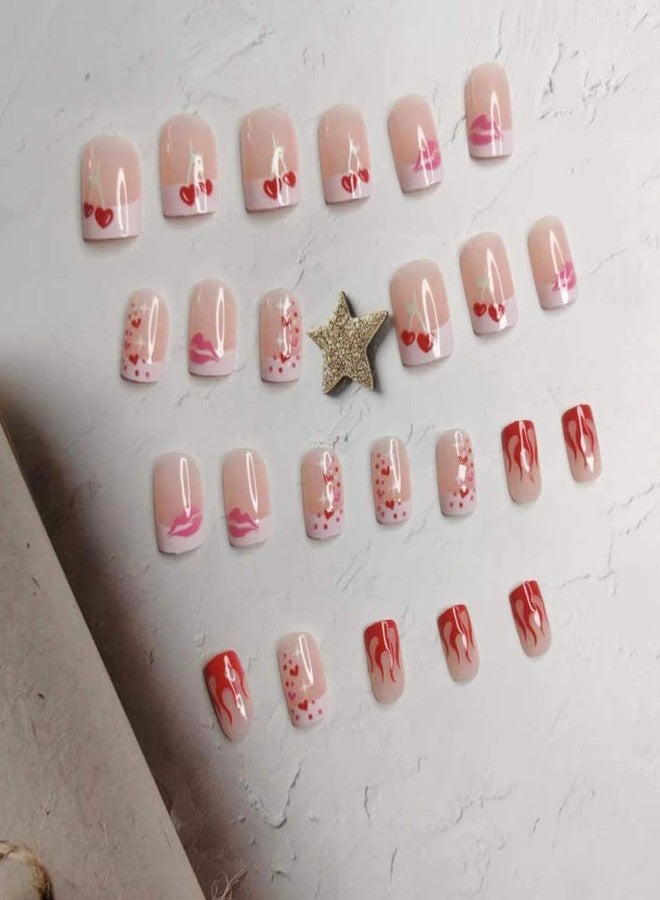 YKZFUI Short Glossy Press on Nails Cute Flame Love French Pink Lips Design Valentine's Day False Nails with Glue on Nails Medium Square Artificial Nails Reusable Stick on Nail for Women Heart Manicure 24Pcs - Image 2