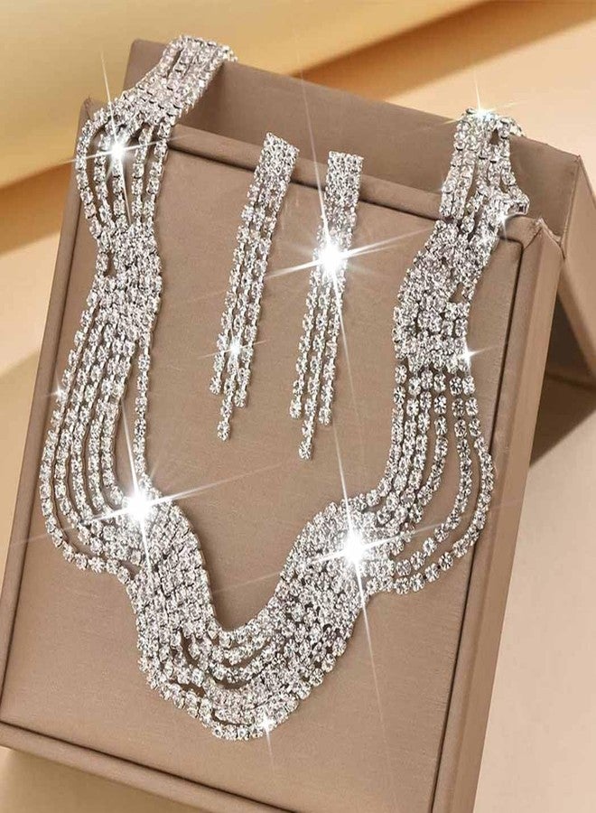 Unicra Rhinestone Bridal Wedding Jewelry Set Silver Necklace Earrings Sets Tassel Prom Formal Costume Jewelry Sets for Women and Brides (Silver) - Image 3