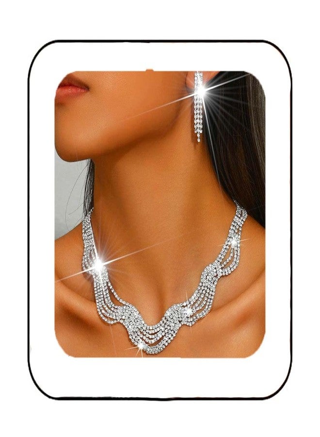 Unicra Rhinestone Bridal Wedding Jewelry Set Silver Necklace Earrings Sets Tassel Prom Formal Costume Jewelry Sets for Women and Brides (Silver) - Image 1
