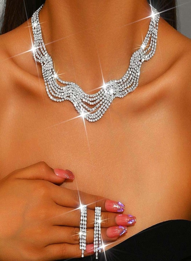 Unicra Rhinestone Bridal Wedding Jewelry Set Silver Necklace Earrings Sets Tassel Prom Formal Costume Jewelry Sets for Women and Brides (Silver) - Image 4