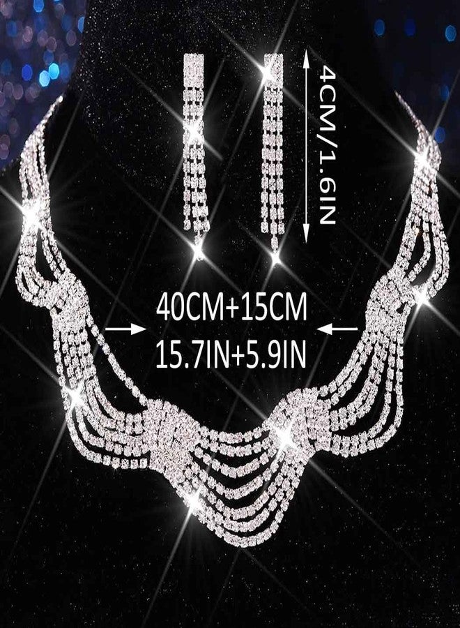 Unicra Rhinestone Bridal Wedding Jewelry Set Silver Necklace Earrings Sets Tassel Prom Formal Costume Jewelry Sets for Women and Brides (Silver) - Image 2