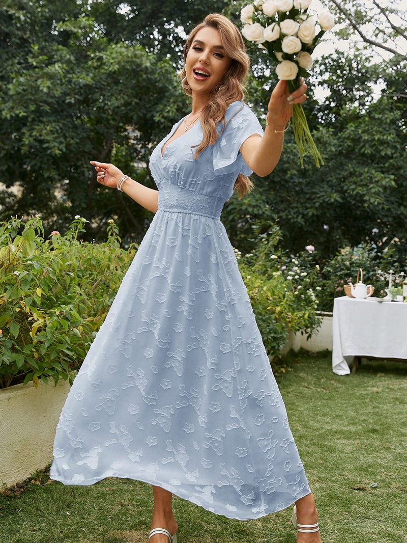 Simplee Apparel Simplee Women's Boho Floral V Neck Short Sleeve Formal Maxi Ruffle Dress Summer Long Flowy Lace Bridesmaid Wedding Party Evening Dress(L 1_Blue) - Image 5