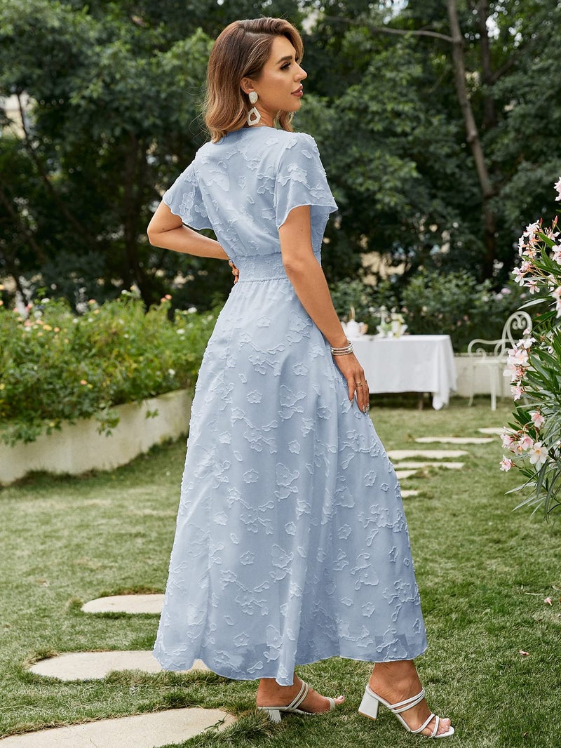 Simplee Apparel Simplee Women's Boho Floral V Neck Short Sleeve Formal Maxi Ruffle Dress Summer Long Flowy Lace Bridesmaid Wedding Party Evening Dress(L 1_Blue) - Image 4