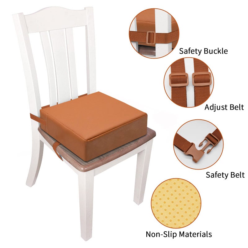 SMZCTYI Toddler Booster Seat for Dining Table, PU Washable Double Safe Straps Non-Slip Bottom Booster Seat Dining Toddler, Portable Travel Increasing Cushion (Brown) - Image 3