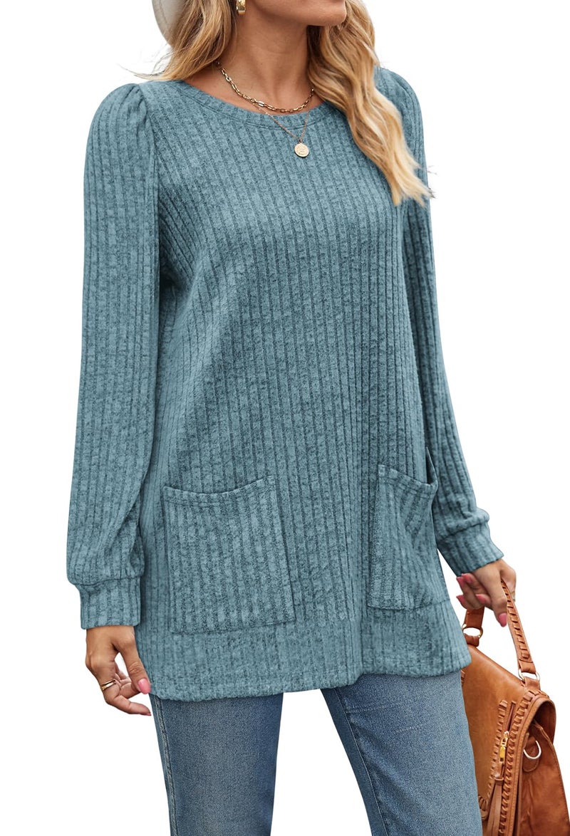 OFEEFAN Long Sleeve Shirts for Women Crewneck Tunic Tops to Wear Leggings Trendy XL B Blue - Image 3