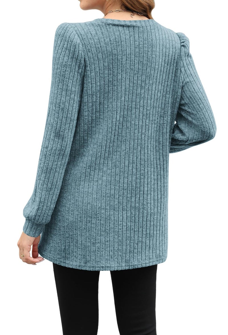 OFEEFAN Long Sleeve Shirts for Women Crewneck Tunic Tops to Wear Leggings Trendy XL B Blue - Image 4