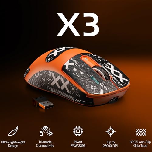 MANBASNAKE Attack Shark X3 Wireless Gaming Mouse 49g Triple Mode Ergonomic Computer Mouse PAW3395 26K DPI Sensor 200h Battery Life Griptape Programmable Buttons for PCLaptopMac Orange - Image 3