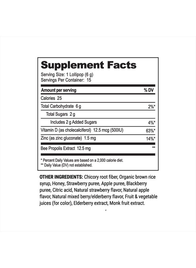 مصاصات مهدئة لحلق الأطفال من Beekeeper's Naturals - تركيبة طبية لدعم المناعة، فيتامين د والعسل، أقل من 2 جرام سكر، مكونات نظيفة، 15 قطعة