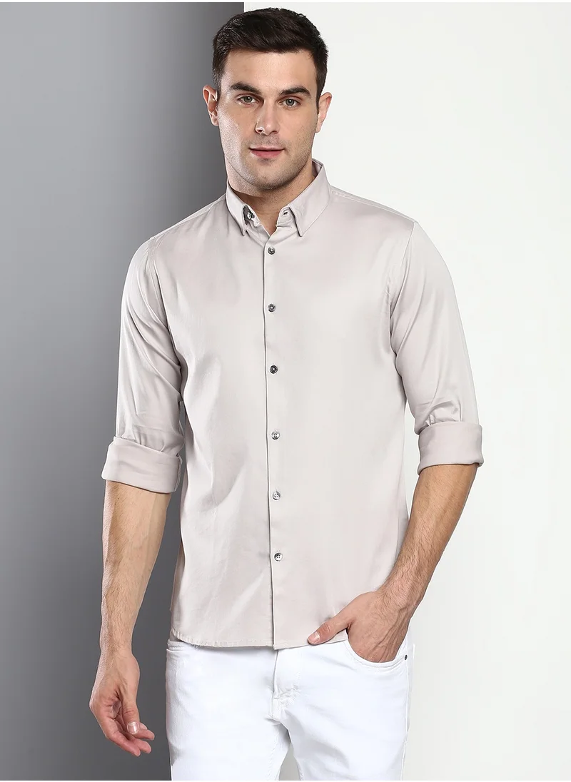 دينيس لينغو Slim Fit Grey Men's Solid Shirt, Button Down Collar, Full Sleeves, 100% Cotton,