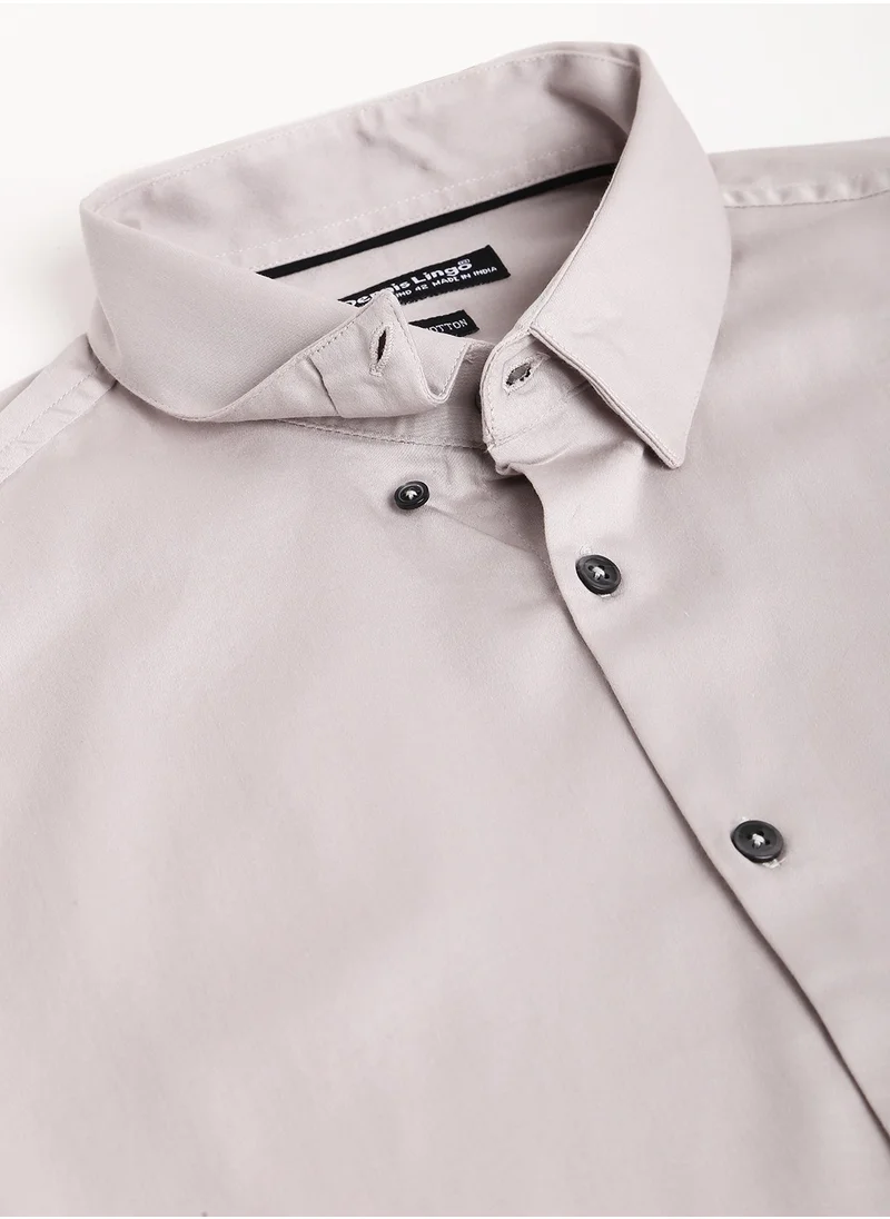 دينيس لينغو Slim Fit Grey Men's Solid Shirt, Button Down Collar, Full Sleeves, 100% Cotton,