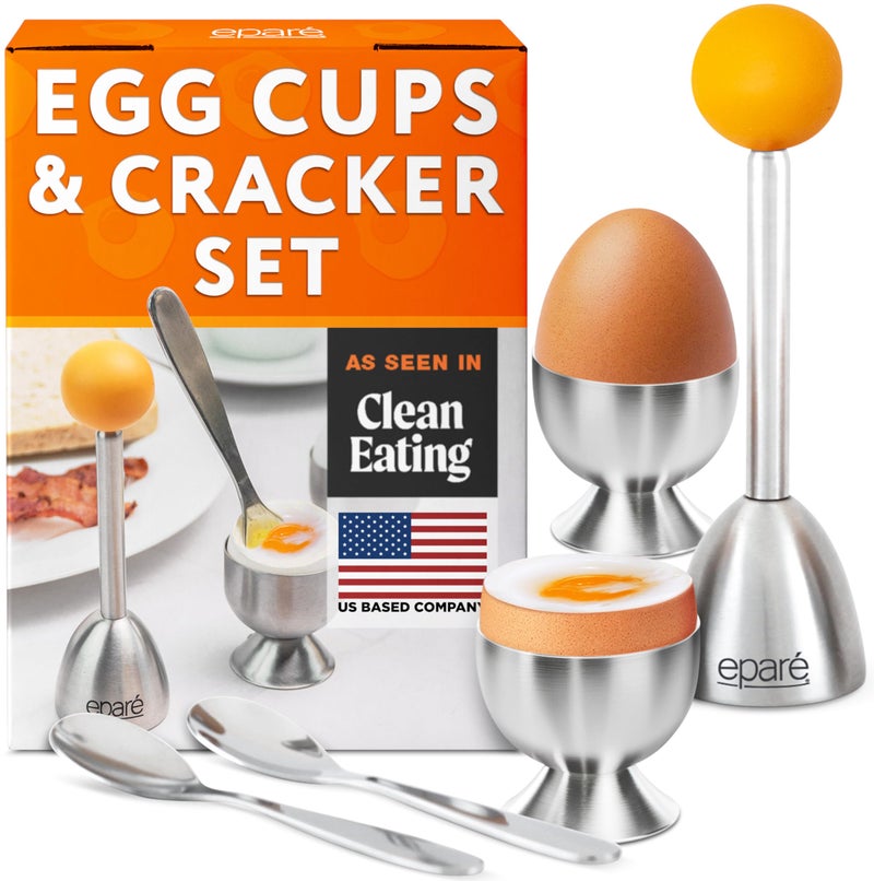 Eparé Egg Topper Cutter Set – Stainless Steel Egg Cracker Tool & Egg Shell Opener – Egg Cups for Soft Boiled Eggs – Boiled Egg Holder – Egg Spoons and Egg Opener Tool for Breakfast - Image 1