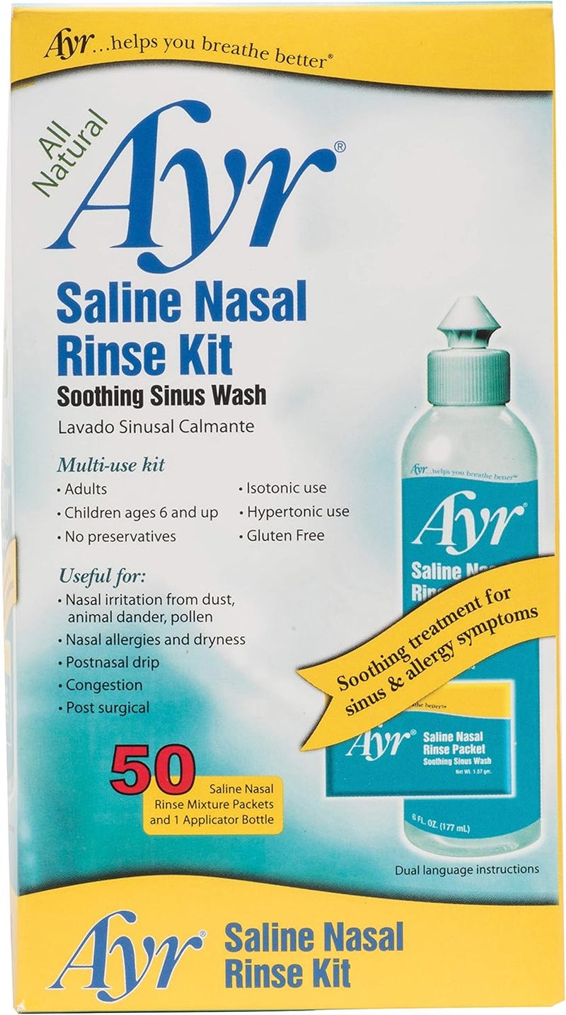Ayr Saline Nasal Rinse Kit Soothing Sinus Wash, 50-Count Saline Nasal Rinse Mixture Packets Plus Applicator Bottle (Pack of 2)