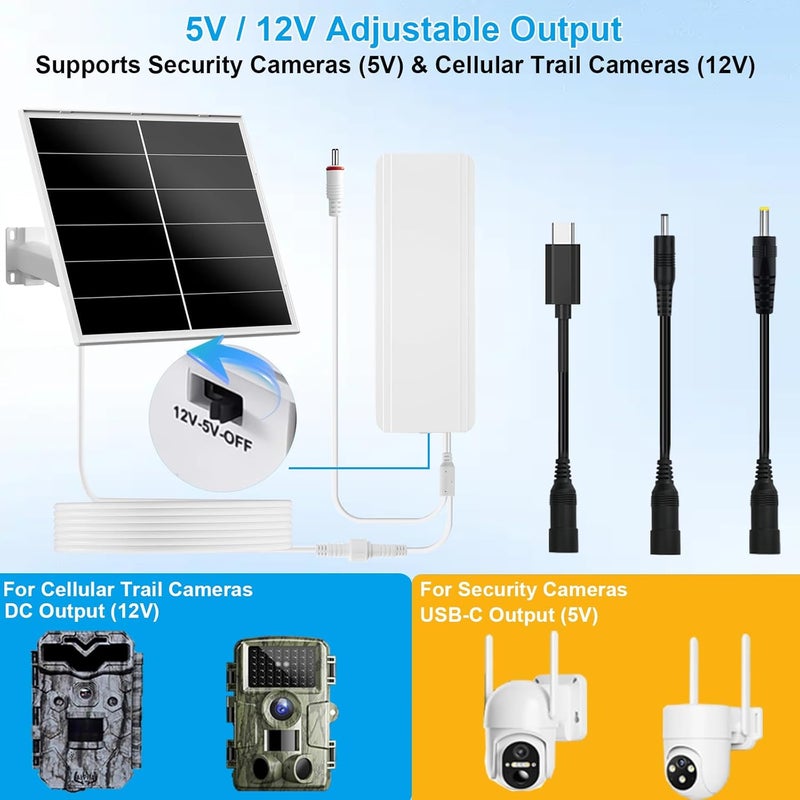 VUEBEE 20W Solar Panel Kit with 24000mAh Battery for Security & Trail Cameras, 5V/12V Adjustable Output, USB-C & DC Plugs, IP66 Waterproof, 360° Mount - Image 5